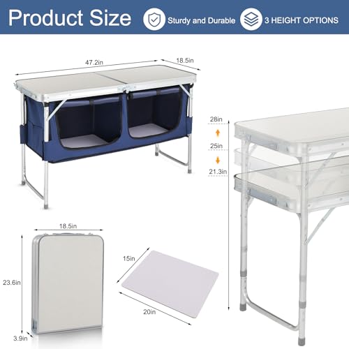 Folding Camping Table with Storage, 3 Height Adjustable, Lightweight, 4 Ft Outdoor Portable Kitchen Aluminum Table for BBQ, Picnic, Hiking, Beach, and Indoor