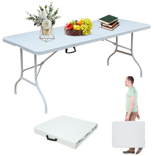 Portable 6Ft Folding Table, Heavy Duty Fold-in-Half Utility Foldable Dining Table, Multi-Purpose Plastic Folding Table with Carrying Handle for Camping and Party Indoor/Outdoor (White) - color: White, size: 6Ft