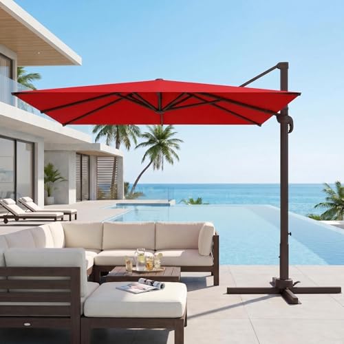 Kingdura 10' X 10' Cantilever Patio Umbrella, Large Square Aluminum Outdoor Offset Umbrella with 360-degree Rotation, 4 Position Tilt, UV Protection for Pool Deck Garden Patio (Red) - color: Red, size: 10x10 FT (No Base)