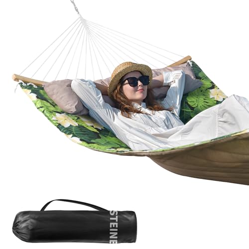 Double Hammock, 11 FT Quilted Fabric 2 Person Hammock for Outside with Pillow, Folding Curved Spreader Bar, Chains, Carrying Bag, Indoor Outdoor, 450 IB Capacity, GreenLeaves - color: Greenleaves