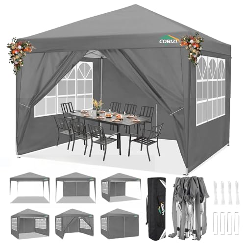 COBIZI 10x10 Pop Up Canopy Tent with 4 Sidewalls, Easy Set Up Canopy 10x10 Waterproof Commercial Outdoor Gazebo Portable Shelter Instant Tents for Parties,Backyard,Flea Market(Carrying Bag×1,Grey
