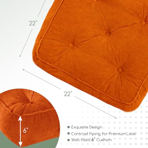 6" Extra Thick Floor Pillow Cushion for Adults, Meditation Cushion Pillow with Handle, Lustrous Chenille Tufted, Square Floor Sitting for Tatami Living Room or Yoga, 22x22 Inch, 2Pack, Orange - color: Square Orange, size: 6" Thick(pack of 2)