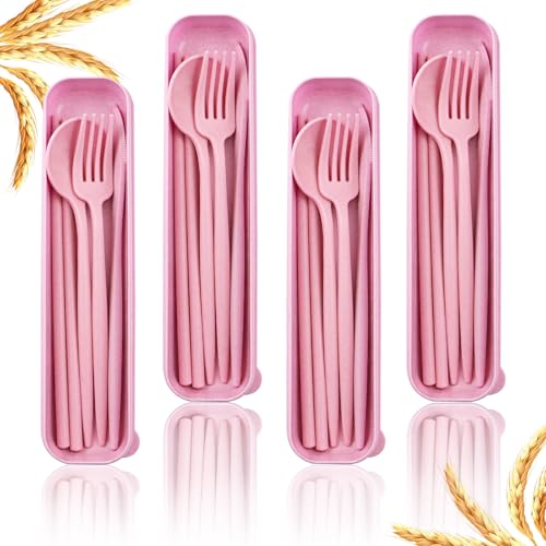 4 Sets Reusable Utensils Set with Case,Camping Cutlery Set Travel Silverware Set with Case Lunch Utensils Set for Work,Utensil Sets for Lunch Picnic Daily Use Outdoor (Pink) - color: Pink
