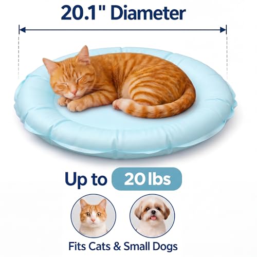 Drydiet Pet Cooling Mat for Cats and Small Dogs, 20.1'' x 20.1'' Thickened Round Blue Pad Anti-Grab Internal Gel Without Water Filling, Lightweight, Washable, Playmat for Indoor/Outdoor - color: Light Blue, size: 20.1'' X 20.1''