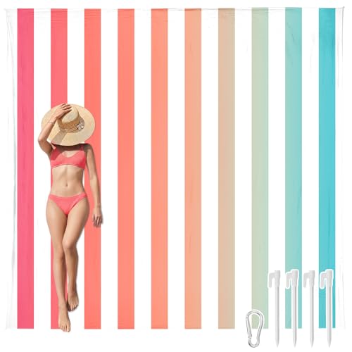 AlphaBeing Beach Blanket Waterproof Sandproof, Extra Large Beach Mat for 1–8 Adults, Oversized Picnic Blanket with 4 Stakes & Storage Bag, Essential Beach Gear for Travel - color: Coralstripes, size: 79“×83”