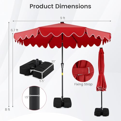 Tangkula 9 FT Solar Patio Umbrella with Base Included, 2-Tiers Outdoor Scalloped Table Umbrella with 32 LED Lights, 2 Sandbags, Tilt Adjustment, Crank, 8 Ribs for Market Backyard Pool Deck Beach Lawn - color: Red, size: 9 FT