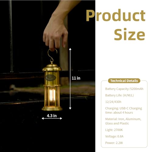 Metal Vintage LED Camping Lantern, 5200mAh Rechargeable Battery Last 12-430 Hours Camping Lamp, 3 Modes Hanging Lantern, Retro Camping Light for Courtyard Outdoor Decoration - style: Retro Brushed Brass