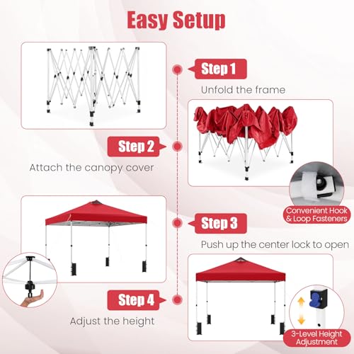 Tangkula 10 x10 Ft Pop Up Canopy with Center Lock, UPF 50+ One-Button Setup Outdoor Canopy Tent with Roller Bag, 4 Sand Bags, Heavy-Duty Steel Frame, 8 Stakes, 4 Ropes for Camping, Picnic (Red) - color: Red