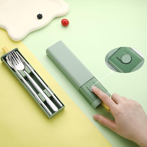DEVICO Travel Utensils with Case, 18/8 Stainless Steel Reusable Silverware Set for Lunch Box, Portable Cutlery Set, Fork and Spoon Set for Camping, Lunch, Picnic, Workplace, School (Green) - color: Green