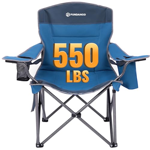 FUNDANGO Oversized Camping Chairs for Adults, Heavy Duty Fold Up Sports Games Lawn Chairs, Extra Wide Big Man Outdoor Chairs with Padded Lumbar Support Backrest, Bag Included for Camp, Outside, Beach - color: Blue/Grey With Lumber Support 1 Pack