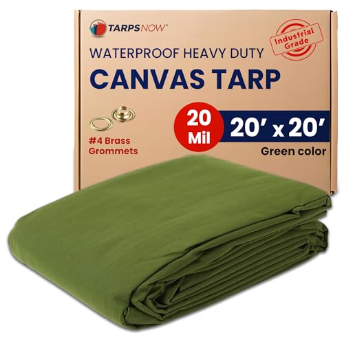 Tarps Now 20x20 ft Waterproof Canvas Tarp| 20 MIL Heavy Duty, Water Resistant, Tear Resistant, Reinforced Edges, Brass Grommets| Ideal for Construction, Trucking, Manufacturing, Camping – Olive Color - size: 20' x 20'