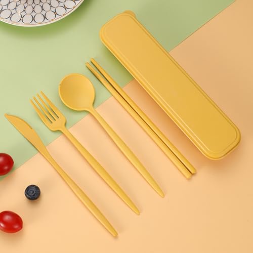Reusable Travel Utensils Set with Case, Wheat Straw Portable Plastic Fork Spoon Knife Chopsticks Camping Cutlery, Eco-Friendly BPA Free Tableware Picnic Flatware for Kids Adults or Daily Use (Yellow)