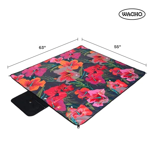 Wacho Beach Blanket Waterproof Sandproof and Picnic Blanket - Large Outdoor Blanket for Camping, Beach & Travel - Foldable Picnic Mat with Carry Bag- Beach Essentials - Hibiscus Floral - color: Red and Dark Blue