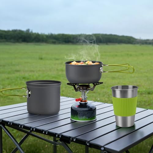 aiGear 8pcs Camping Cookware Mess Kit, Camping Pot and Pan Set with Mini Backpacking Stove, Stainless Steel Cup, Spork and Tank Bracket, Cooking Gear for Hiking Camping Outdoor Picnic - color: Green
