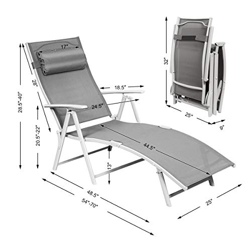 Tangkula Outdoor Folding Chaise Lounge Chair, Lightweight Recliner Chair w/ 7 Adjustable Backrest Positions, Patio Reclining Beach w/Removable Cushion & Pillow for Patio Poolside No Assembly Required - color: Grey