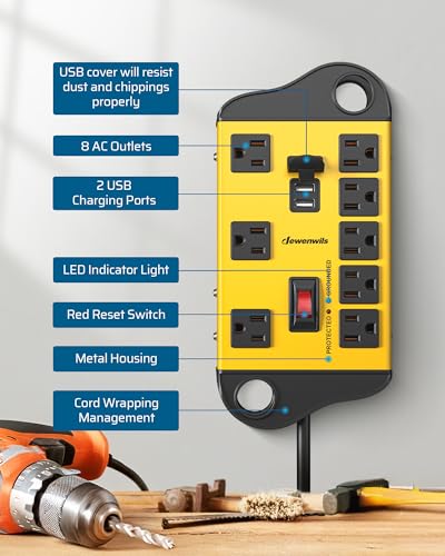 DEWENWILS 8-Outlet Metal Power Strip Surge Protector with 2 USB Ports, UL Listed, 15 Ft Flat Plug Extension Cord, Heavy Duty Industrial Power Strip,15A Circuit Breaker, 1440Joules, Wall Mount - size: 15 Ft