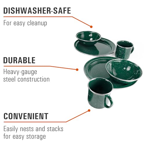 GSI Outdoors Pioneer Enamel 12 Pieces (4-Person) Dish Set I Enamelware Dishes Including Plates, Bowls and Mugs for Camping, Outdoors, RV, Camp, Green - color: Green