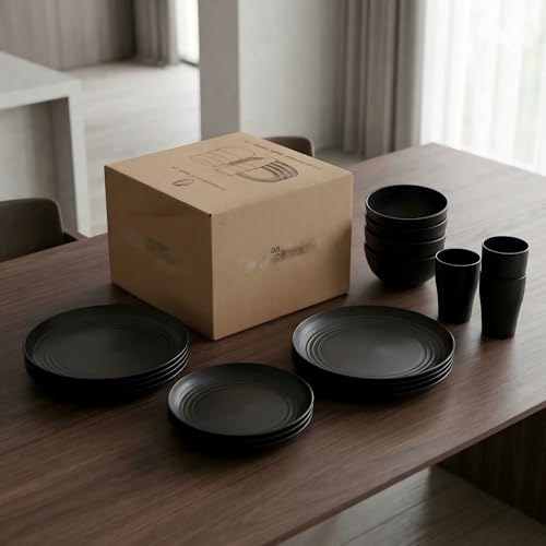 Wheat Straw 16 PCS Plates and Bowls Sets for 4 persons, Unbreakable Dinnerware Sets, Plastic Dish Set for Camping, Dishwasher Microwave Safe, Outdoor Kitchen and Apartment Dinning (Black) - color: Black