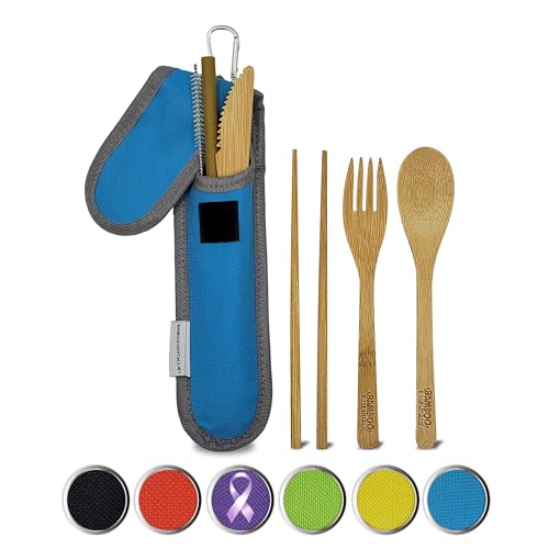 Travel Utensils with Case Set Fork, Knife, Spoon, Chopsticks, Straw, Straw-cleaning brush, Travel Pouch and Carabiner, Excellent For Everyday Use! ((1Set) Sky Blue) - color: Sky Blue, size: 1 Set