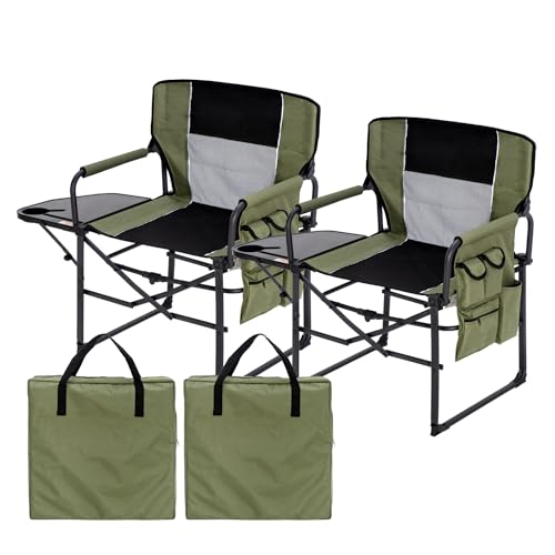 Wide Folding Director Chair with Table, Outdoor Camping Chair for Adults with Cup Holder Load 330 Lbs, Portable Lightweight Chair for Outside with Carry Bag for Patio, Green-2Pack - color: Director Green-2pack