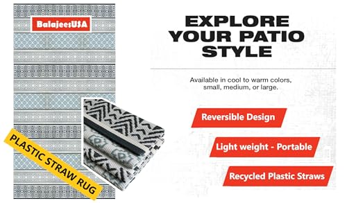 Outdoor Plastic Patio Rugs – 9x12, Grey, Teal Durable and Affordable Multipurpose Woven Plastic Straw All-Weather and Waterproof Rug Reversible Camper Mats Large rv mats Outdoor - color: Grey, Teal, size: 9' x 12' (Rectangular)