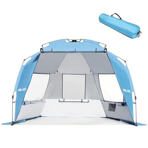 Golabs BT1 Pop up Beach Tent Sun Shelter for 3-Person, 1-Minute Setup by Pre-Attached Pole & UPF 50+, Beach Shade with Detachable Floor Mat, Mesh for Clear View & Airflow, only 7 lbs & Pocket and Hook - color: BLUE