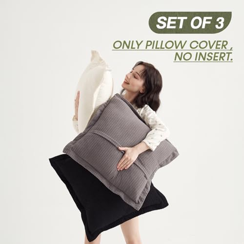 COCO TOP Pack of 3 Vintage Soft Throw Pillow Covers 20x20inch, Boho Striped Corduroy Neutral Pillow Covers for Modern Farmhouse Home Decor Cozy Living Room Bedroom Loung(Classic Black, White & Grey) - color: Black/White/Grey, size: 20" x 20" (Pack of 3)