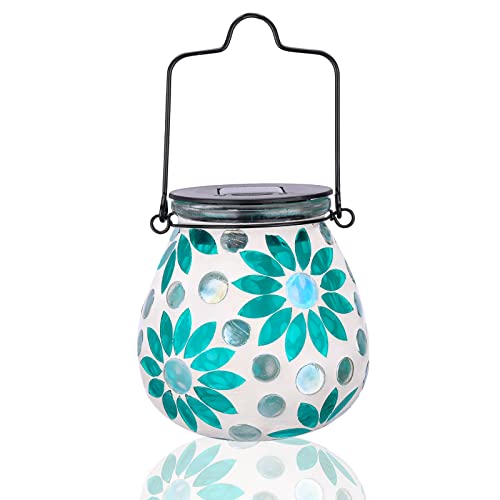 Afirst Mosaic Solar Lanterns Outdoor - Glass Hanging Solar Lights Hollow Out Waterproof Table Lamp Outdoor Decorative for Garden, Patio, Holiday Party Outdoor Decoration - style: Blue daisy
