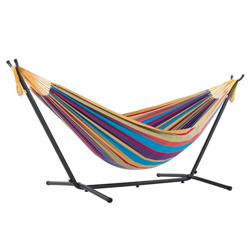Vivere Double Cotton Hammock with Space Saving Steel Stand, Upgraded Polyester End Strings 450 lb Capacity - Premium Carry Bag Included - USA Grown Cotton (Tropical) - color: Tropical