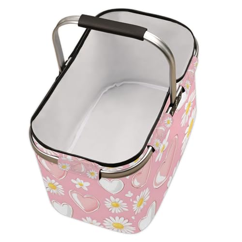 Heart and Daisy Picnic Basket Large Collapsible Market Baskets Portable Reuasble Shopping Bags with Handles for Camping Beach Travel - color: Silver