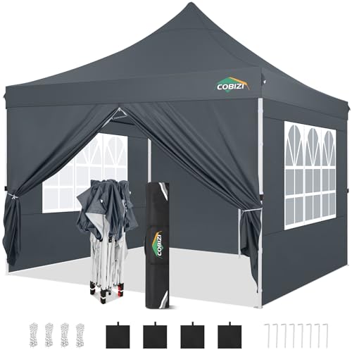 COBIZI 10x10 Pop Up Canopy with 4 Sidewalls, Canopy Tent 10x10 for Parties, Backyard, Commercial, Waterproof and Portable Instant Shelter UV50+ Outdoor Gazebo with 4 Sandbags(Gray) - color: Gray, size: 10x10FT