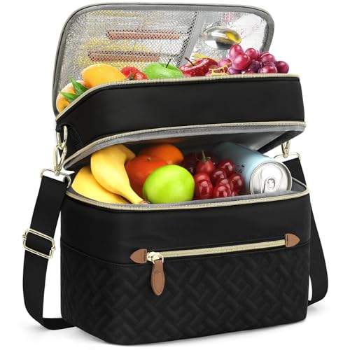 Capolo Lunch Box for Women Men Adults,Double Deck Insulated Lunch Bag Leakproof Lunch Cooler Box with Removable Strap Lunch Tote Bags Reusable Thermal Lunchbox for School Work Picnic(Large,Black) - color: Black, size: Large