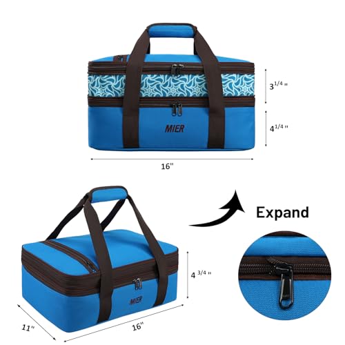 MIER Insulated Double Casserole Carrier Bag Thermal Lunch Tote for Lasagna Lugger, Potluck Parties, Picnic, Beach, Fits 9 x 13 Inches Baking Dish, Casserole Dish, Expandable by Mid Zipper, Blue - color: Blue