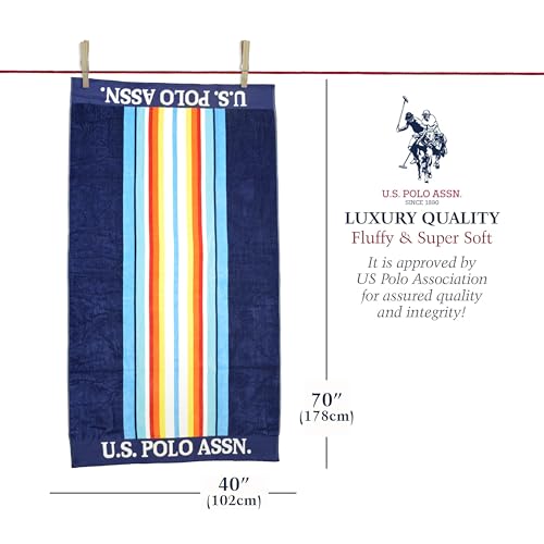 U.S. Polo Assn. Oversized (40” x 70”) Striped Nautical Design Beach Towel - Luxury Plush Cotton Hotel Quality for Bath, Pool - Oahu Stripe - color: Navy/Light Blue, size: 40" x 70"