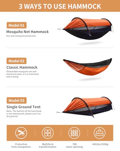 Camping Hammock Tent with Mosquito Net and Sunshade, Extra Large for 2 Person, Lightweight Hanging Hammocks Tree Straps, Bivvy Ground Tent for Outside, Hiking, and Travel - color: Hammock-orange
