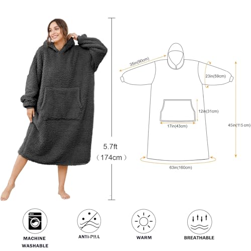 Sherpa Wearable Blanket Oversized Hoodie Sweatshirt TV Blanket with Long Sleeves and Pocket (DarkGray, One Size) - color: Darkgray