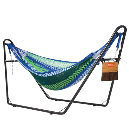 Lazy Daze Hammocks Handwoven Mayan Hammock with Heavy Duty Steel Stand, 10.5 FT Soft Rope Double Hammock for Patio Outside, 550 lbs Weight Capacity, Blue/Green - color: Blue/Green