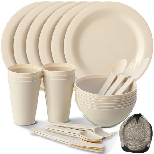 LemonRoad 6 Set College Dorm Dishes Essential Kit, Plates and Bowls Back to School Beige Room Dishes Set with Storage Mesh Bag Cup, Microwave Dinnerware Picnic for RV Camping