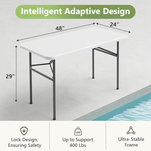 4ft Folding Table 2 Pack, Heavy Duty Plastic Card Table with Foldable Steel Legs, Metal Frame Support up to 400 lb, Portable for Indoor, Outdoor, Picnic, Camping, Dining, Party, White - color: White, size: 4FT-2pack