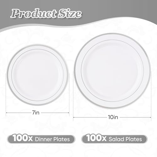 Fijinhom 200PCS Silver Plastic Plates, Disposable Plates with 100PCS 10" Dinner Plates & 100PCS 7" Dessert Plates for 100 Guests, Plastic Party Plates for Wedding, Birthday, Silver - color: Silver, size: 100 Guests-200pcs