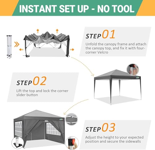 COBIZI 10x10 Pop Up Canopy Tent with 4 Sidewalls Party Tents Waterproof UPF 50+ Commercial Instant Outdoor Events Tent for Parties Markets Backyard, Ropes（10 x 10 ft Gray - color: Gray, size: 10x10FT with 4 sidewalls