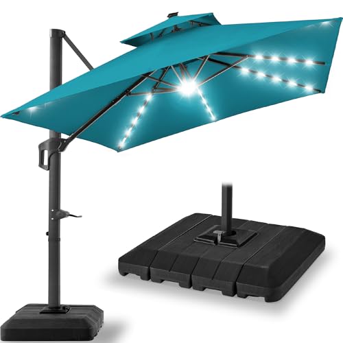 Best Choice Products 9x12ft LED Cantilever Patio Umbrella w/Base Included & 360° Rotation, Large Solar Offset Hanging Outdoor Sun Shade for Deck, Backyard Table w/Stand & Lights – Cerulean - color: Cerulean, size: 9x12ft