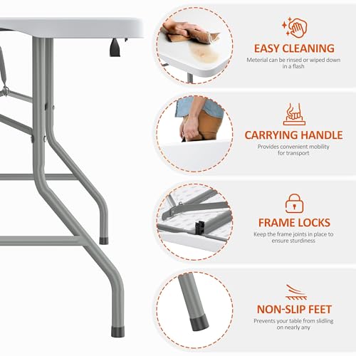 8 Foot Folding Table 350 LBS Heavy Duty, 18% Thicker HDPE Waterproof Top, Portable Fold in Half with Carry Handle and Safety Locks, Reinforced Steel Frame for Indoor Outdoor Party Events - color: White-a, size: 8FT