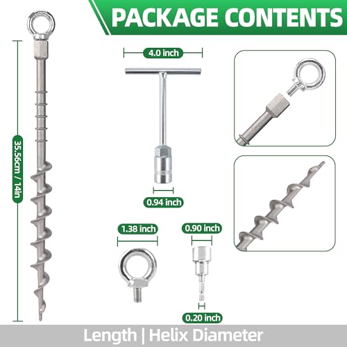 Screw in Tent Stakes 16 Pack Extra Long 14 inch, Heavy Duty Aluminum Ground Anchors with Hex Top for Cordless Drill, Detachable Hooks & T-Handle for Trampoline RV Awning Sand Soft Soil