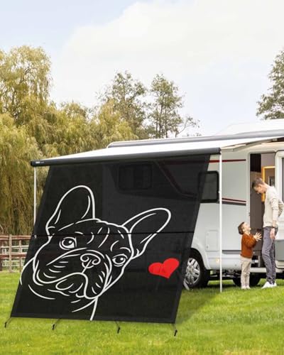 RV Awning Sun Shade Screen 9'X7' French Bulldog Mesh Sunscreen Cute Dog Love Heart Awning Shade Screen with Zipper UV Blocker Completed Kits Universal Outdoor Canopy for RV Motorhome Camper Trailer - size: 9x7 ft