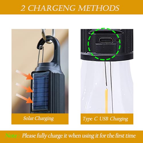 Solar Camping Lights Hanging Hooked Tent Lantern Outdoor USB Rechargeable Bulb Lamp with Clip Hook Keychain 3 Lighting Modes for Christmas Decorations Hiking Backpacking Warm Light 2 Pack