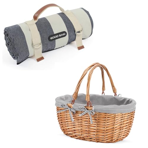 Waterproof Picnic Blanket Portable with Carry Strap for Beach Mat or Family Outdoor Camping Party Woodchip Picnic Basket with Double Folding Handles, Natural Woven Basket, Gift Packing Woven Basket