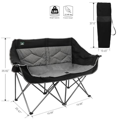Northroad Folding Loveseat Camping Chair Portable Double Duo Full Padded Garden Chair for 2 Person Sofa w/ 2 Cup Holder,Wine Glass Holder,Mesh Storage,Support 500lbs for Picnic Beach Travel - color: Black&grey