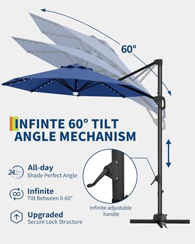 9ft Outdoor Patio Umbrella Heavy Duty 8 Ribs, Waterproof UV Protection Sun Shade with Crank Lift & Push Button Tilt, Outdoor Umbrella for Deck, Pool, Garden, Backyard, Lawn - color: Navy Blue&Round-Lights, size: 10FT Roman