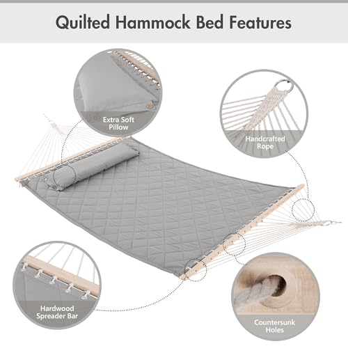ANOW 13.5FT Curved Wood Stand with Double Hammock, Heavy Duty Larch Wood Arc Stand with 2 Chains, 4 Balance Ropes and 4 Carabiners, Includes Light Gray Hammock with Spreader Bars - color: Light Gray-quilted
